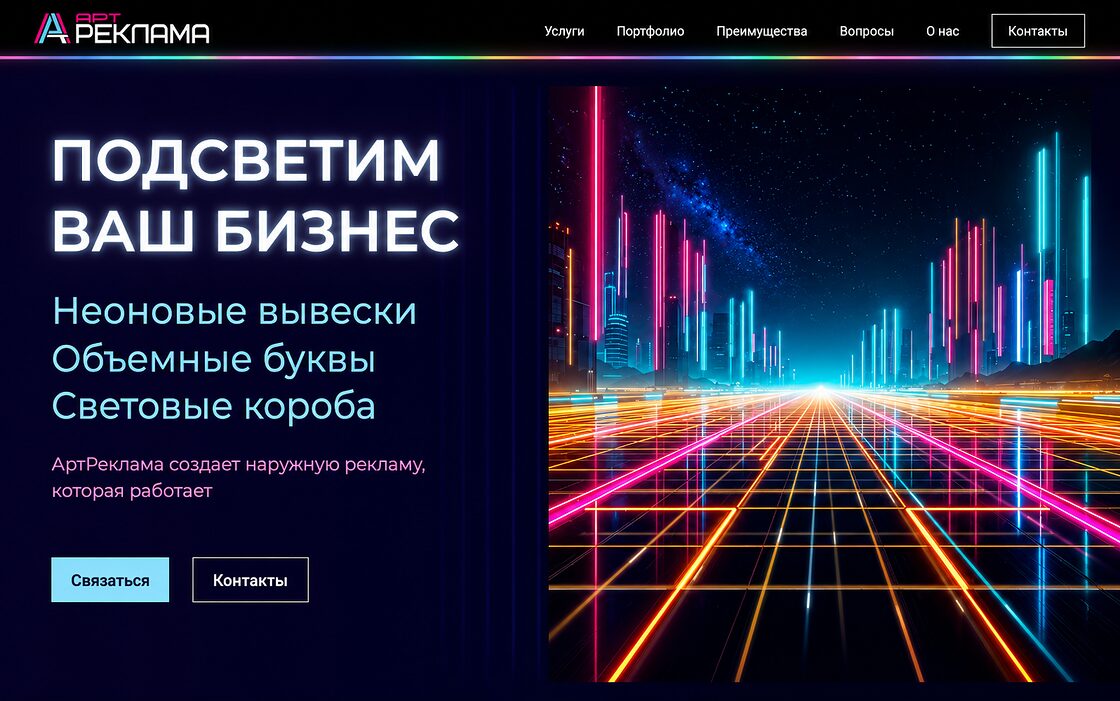 Первый экран сайта «АртРеклама»: неоновые вывески, объёмные буквы и световые короба